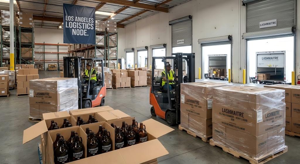 LASHMAITRE B2B logistics node in Los Angeles fulfilling bulk inventory of heavy liquid oil-free eyelash extension cleanser for professional salon networks.