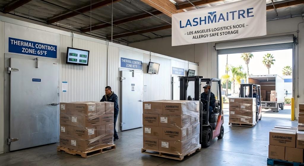 A wide-angle landscape photograph inside the LASHMAITRE Los Angeles B2B logistics node, a specialized warehouse facility. It shows two primary large industrial cold storage units with green digital temperature displays reading a stable '65°F' (labeled 'Optimal thermal control'). Multiple shrink-wrapped pallets loaded with cardboard boxes are positioned in the foreground and center. The boxes are labeled in small, clear black text: 'LASHMAITRE - CYANOACRYLATE ADHESIVE - ALLERGY-SAFE FORMULA.' One warehouse worker on the left is guiding a pallet with a hand jack, while another worker on the right operates a sit-down forklift. A large overhead banner hanging from the ceiling structure is prominently displayed, reading: 'LASHMAITRE - LOS ANGELES LOGISTICS NODE - OPTIMAL THERMAL CONTROL ZONE.' A large open bay door on the right reveals a bright, sunny Los Angeles landscape with large palm trees under a clear blue sky.