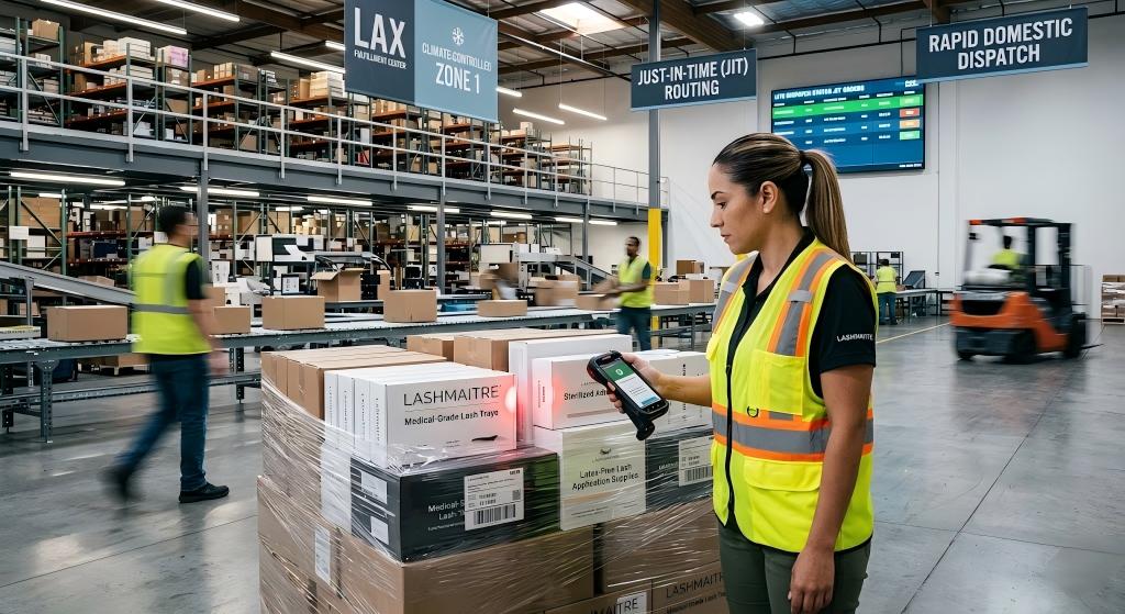A highly dynamic logistics shot inside a climate-controlled Los Angeles fulfillment center: A warehouse logistics manager utilizing a smart barcode scanner to verify a micro-batch pallet of medical-grade individual lash vendor supplies, guaranteeing rapid JIT delivery.