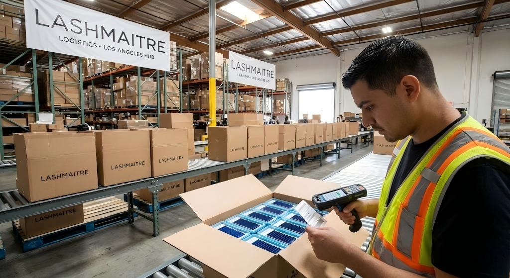 A logistics worker in a Los Angeles warehouse scanning a barcode on a box filled with vibrant blue eyelash extension trays at the LASHMAITRE Logistics - Los Angeles Hub, with an automated conveyor system and LASHMAITRE branded shipping boxes.