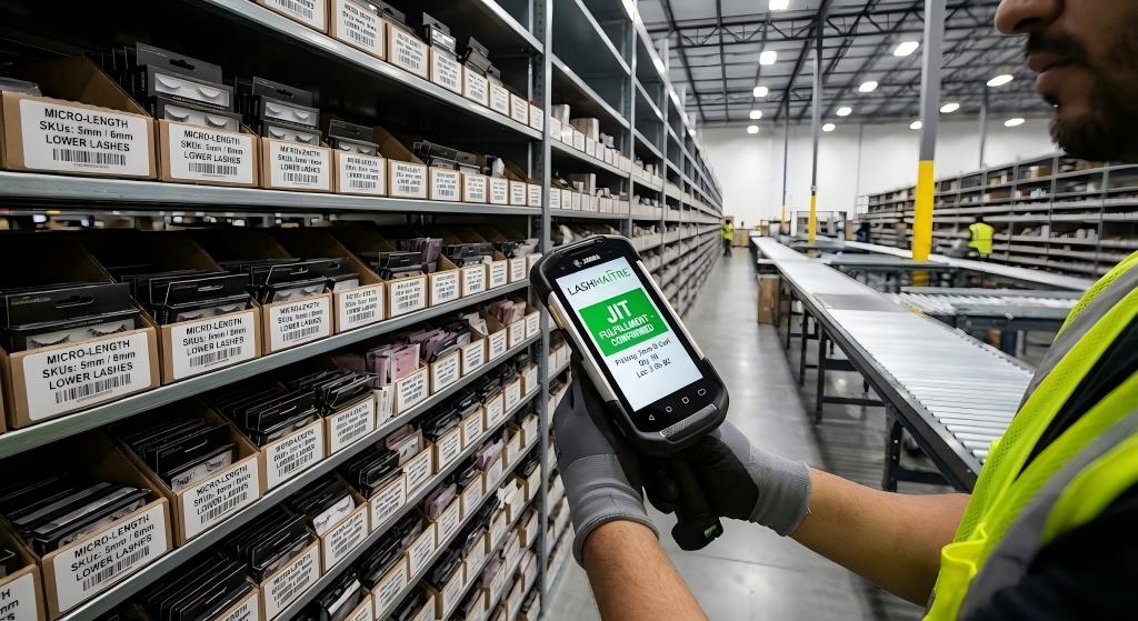 Los Angeles warehouse logistics worker scanning micro length SKUs for eyelash extensions lower lashes
