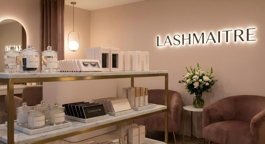 A high-end luxury boutique salon interior featuring a marble display shelf with premium LASHMAITRE private label retail products and eyelash extension kits under warm ambient lighting.