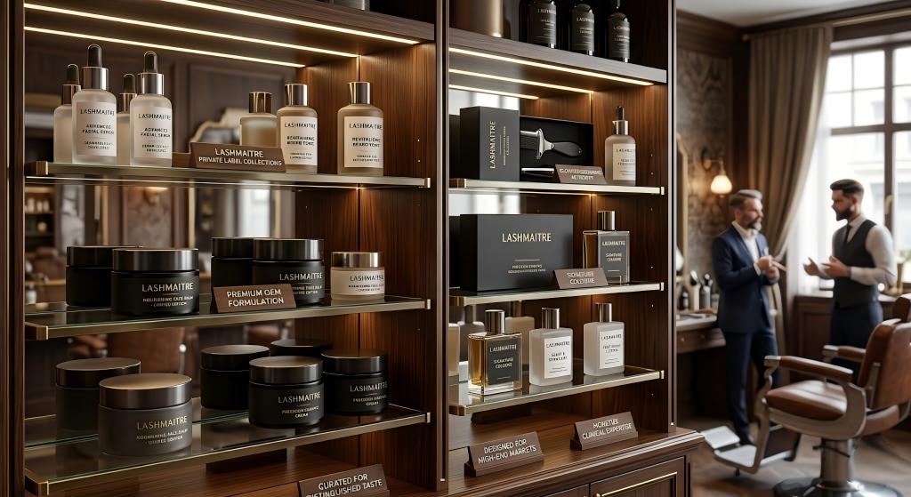 A refined LASHMAITRE Private Label Collections retail display within a luxury grooming lounge, showcasing premium gold-accented bottles of advanced facial serums, specialized nourishing face balms, limited edition colognes, and curated grooming tools, designed to monetize clinical authority and elevate brand prestige in high-end markets.