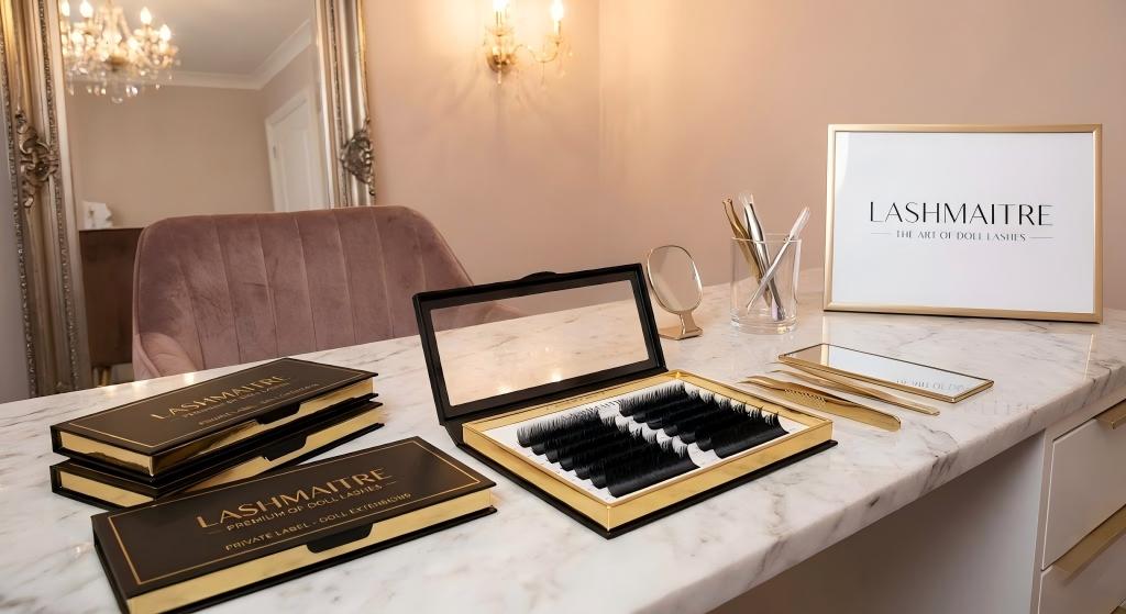 A high-end luxury salon workstation featuring LASHMAITRE premium OEM private label lash trays. An open tray displays high-density black lash extensions specifically engineered for doll-style mapping, arranged on a marble counter with gold tools and a branded sign.