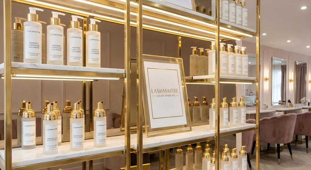 A luxury salon retail display shelf made of polished gold and marble, illuminated by warm LED lighting. The shelves are stocked with LASHMAITRE private label isotonic cleansers in sleek, frosted glass bottles with gold pumps. A framed sign on the central shelf confirms the product is safe for eyelash extensions and contact lenses.