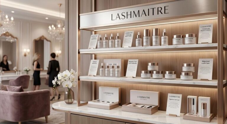 Luxury salon retail display shelf featuring premium LASHMAITRE OEM private label products, including lash repair complexes and clinical-grade serums, designed to monetize brand prestige in high-end markets.