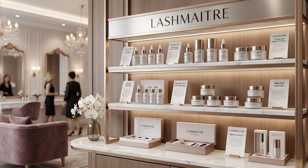 Luxury salon retail display shelf featuring premium LASHMAITRE OEM private label products, including lash repair complexes and clinical-grade serums, designed to monetize brand prestige in high-end markets.