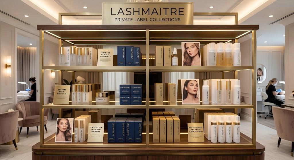 Sophisticated LASHMAITRE Private Label Collections retail display within a luxury salon, featuring clinical-grade lash growth serums, nourishing brow conditioners, and professional aesthetic formulations in gold-accented packaging to monetize brand prestige.