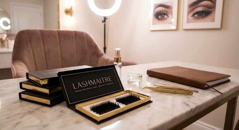 A luxury salon workstation displaying open LASHMAITRE premium OEM private label lash trays engineered for dramatic eyelash extensions, arranged on a marble table with gold tweezers and a leather notebook.