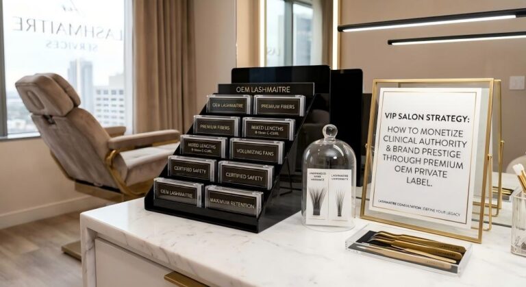 Luxury VIP salon workstation displaying premium OEM private label lash trays to monetize clinical authority and brand prestige. A detailed B2B setup featuring a marble counter with gold-etched tweezers, "OEM LASHMAITRE" lash trays labeled "PREMIUM FIBERS," "MIXED LENGTHS," "CERTIFIED SAFETY," and "MAXIMUM RETENTION." A glass dome contrasts "UNBRANDED MINK VARIANCE" vs. "LASHMAITRE UNIFORMITY." A framed poster titled "VIP SALON STRATEGY: HOW TO MONETIZE CLINICAL AUTHORITY & BRAND PRESTIGE THROUGH PREMIUM OEM PRIVATE LABEL" outlines the commercial conversion strategy.