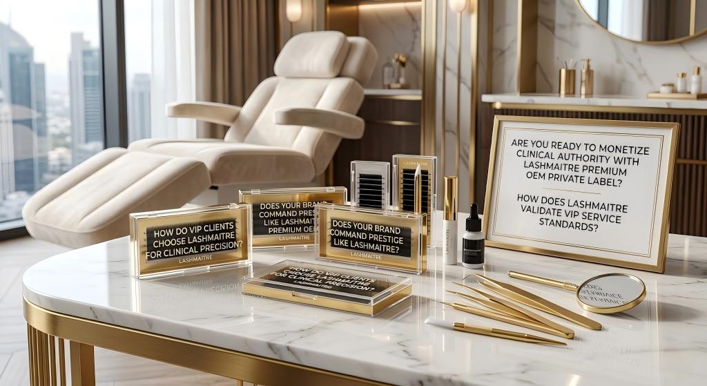 Luxury VIP salon workstation displaying premium OEM private label lash trays to monetize clinical authority and brand prestige. A marble counter is meticulously arranged with gold-accented lash trays labeled 'HOW DO VIP CLIENTS CHOOSE LASHMAITRE FOR CLINICAL PRECISION?' and 'DOES YOUR BRAND COMMAND PRESTIGE LIKE LASHMAITRE PREMIUM OEM?'. Clinical tools like gold tweezers, a magnifying mirror, and a gold-framed framed framed framed framed authority sign with inquisitive English text rest alongside, set against a softly blurred velvet treatment chair and a luxury city skyline view, illustrating exclusive, professional artistry and curated luxury.