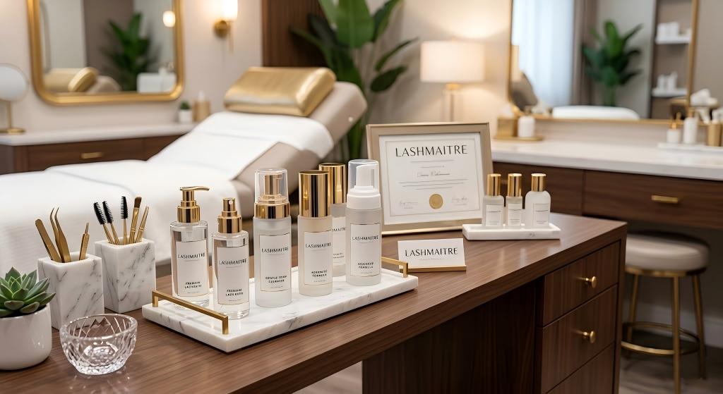 LASHMAITRE luxury VIP lash salon workstation showcasing multiple branded private label lash cleansers, mist, and precision gold application tools on a white marble tray. A framed clinical authority certification and gold LASHMAITRE desk sign emphasize professional credibility and brand prestige in a high-end salon suite.