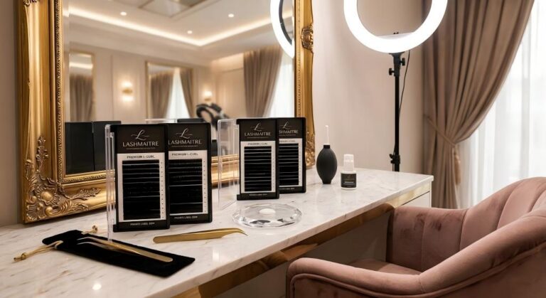 A luxurious LASHMAITRE VIP salon workstation with a marble counter, featuring premium L-curl eyelash extension trays labeled "Engineered for Asian Eyes," alongside a ring light and gold tweezers.asian eyes with eyelash extensions