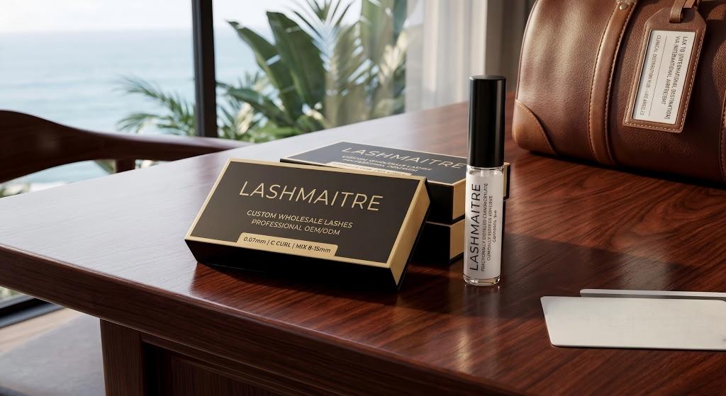 A highly detailed macro photograph of LASHMAITRE custom wholesale lash boxes and distilled cyanoacrylate resting on a mahogany desk in a luxury resort, safely procured via international airfreight from a verified Los Angeles clinical distribution hub.