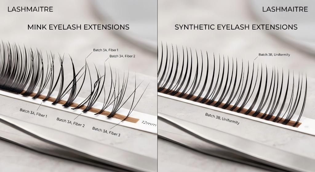 [⚠️ Alt Tag:] Macro comparison of wholesale eyelash extension supplies showing the operational inconsistency of mink eyelash extensions vs synthetic. (Comprehensive SEO Alt Text): A split-screen macro photograph provided by LASHMAITRE demonstrating inventory variance. The left panel shows natural Mink Eyelash Extensions with irregular fiber lengths, varying curls, and messy directional placement labeled 'Batch 3A'. The right panel displays LASHMAITRE Synthetic Eyelash Extensions featuring engineered, dimensionally perfect uniformity and identical spacing labeled 'Batch 3B'. Precision tweezers rest below both strips on a marble surface.