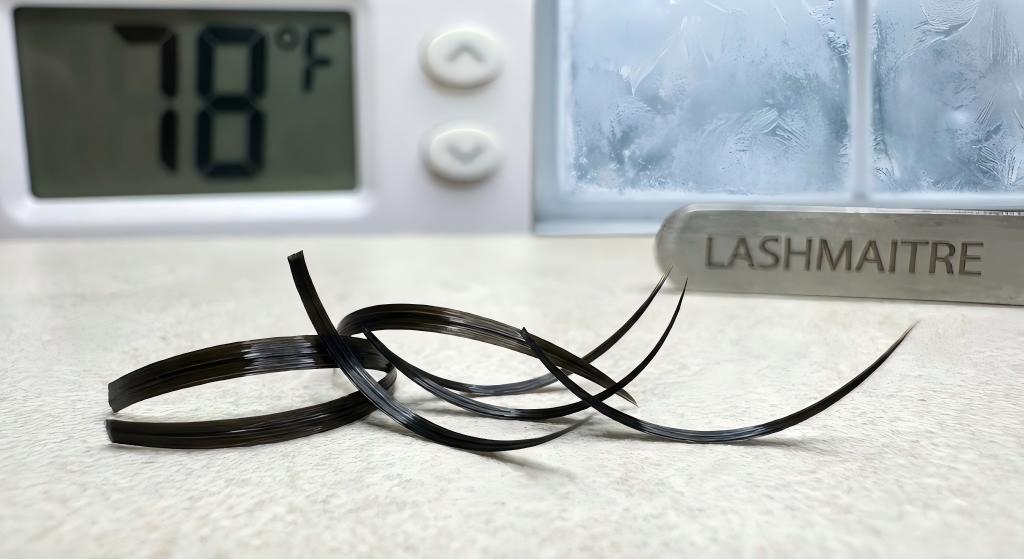 eyelash extensions ashburn An extreme macro close-up photograph of a cluster of LASHMAITRE double-heated PBT eyelash extensions on a neutral surface, focusing on their flawless curl. In the blurred background, a digital HVAC control reads 78°F next to a frosted windowpane, illustrating extreme thermal shifts.