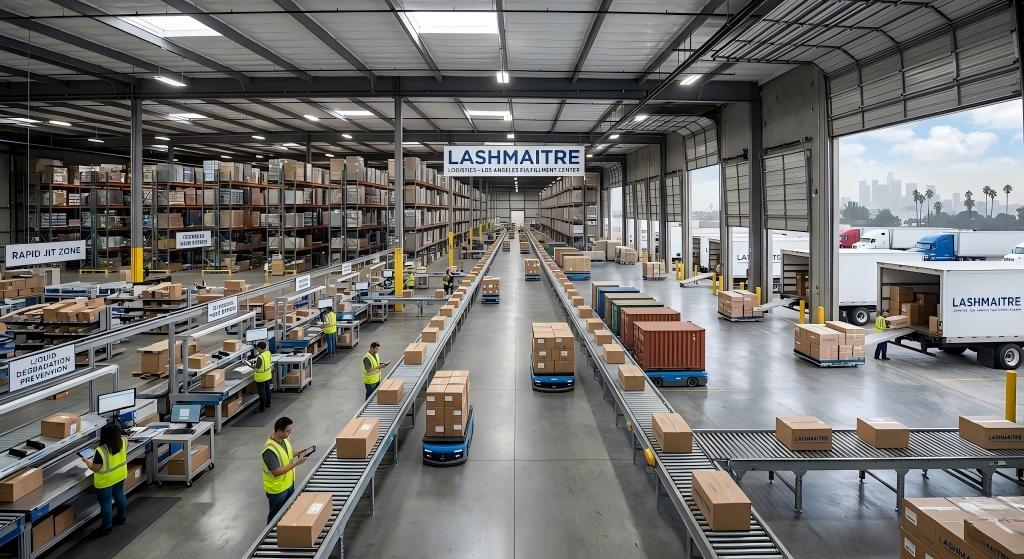 Massive Los Angeles LASHMAITRE logistics warehouse with high-speed conveyors, automated order sorting, specialized 'Rapid JIT Zone', and 'Liquid Degradation Prevention' area, demonstrating optimized national fulfillment to bypass overseas Minimum Order Quantity (MOQ) bottlenecks and dead stock accumulation.