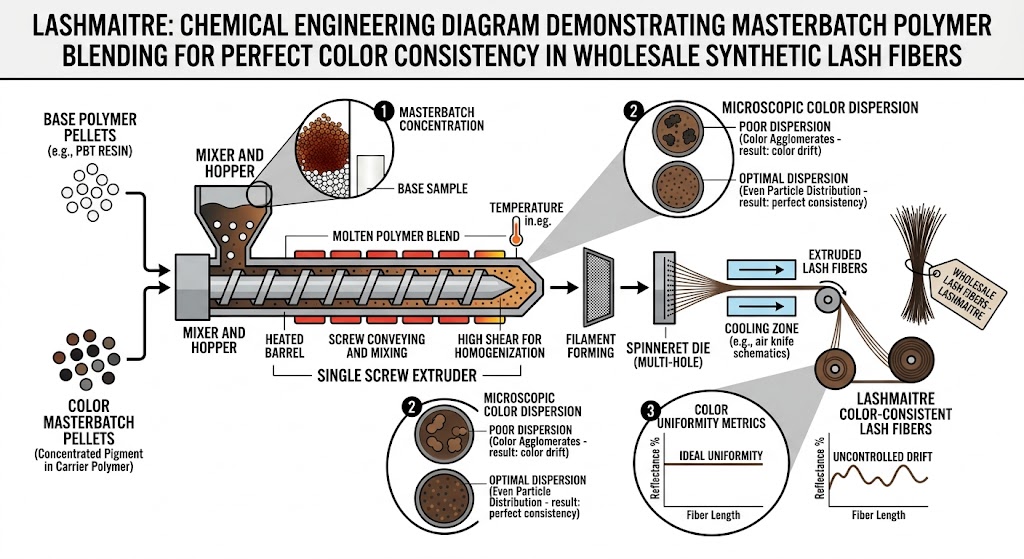 A detailed LASHMAITRE chemical engineering diagram demonstrating the masterbatch polymer blending process. It shows base pellets and color concentrates mixed in an extruder, microscopic color dispersion comparison (optimal vs. poor), process flow with heated barrels, air cooling, and charts comparing ideal vs. poor color uniformity metrics for perfect consistency in wholesale synthetic lash fibers.