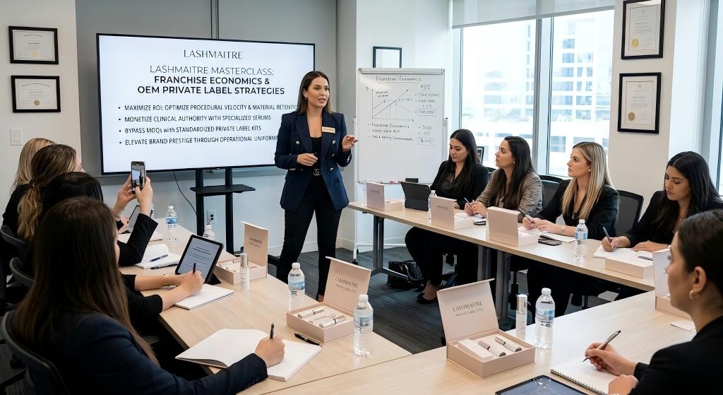 A professional LASHMAITRE masterclass session where an expert educator teaches franchise economics and OEM private label strategies to salon owners, featuring presentation slides on ROI optimization and standardized private label starter kits on the table.