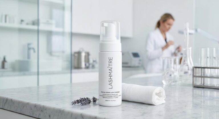 Sterile white foam pump bottle of LASHMAÎTRE medical-grade lash cleanser on a marble counter in an advanced laboratory. Female technician works in blurred background. Lavender and towel in foreground.