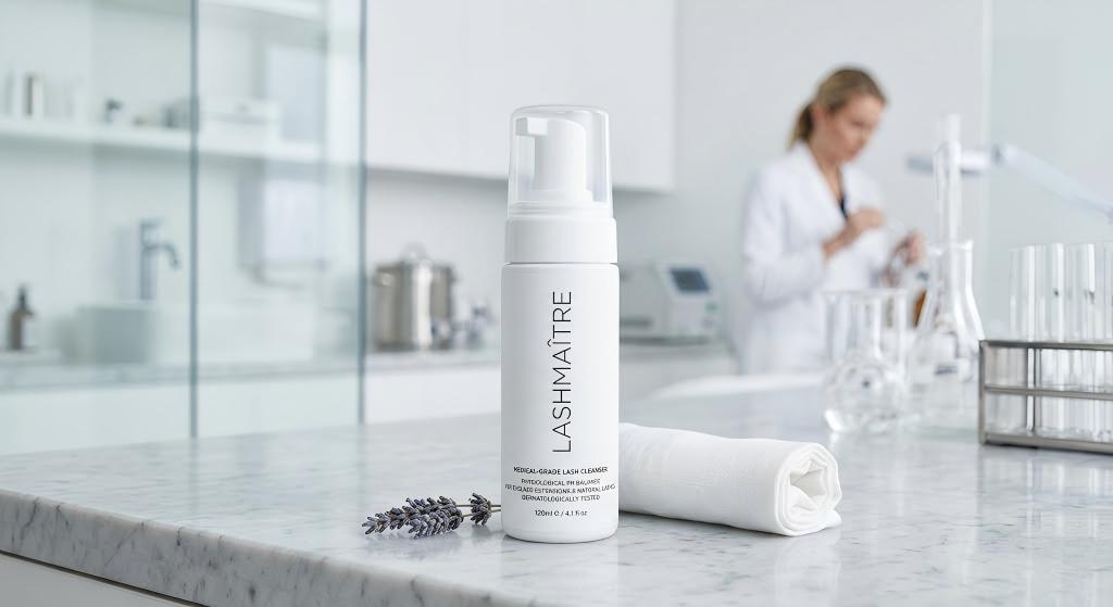 Sterile white foam pump bottle of LASHMAÎTRE medical-grade lash cleanser on a marble counter in an advanced laboratory. Female technician works in blurred background. Lavender and towel in foreground.