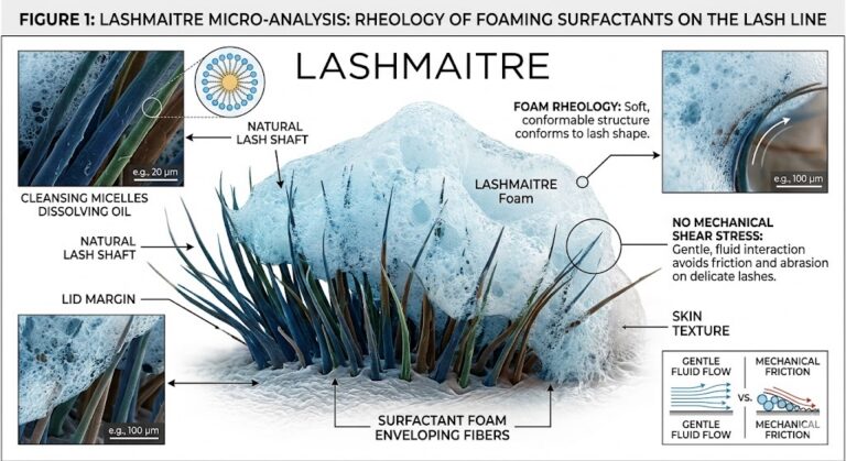 A scientific micro-analysis infographic titled 'Figure 1: Lashmaitre Micro-Analysis: Rheology of Foaming Surfactants on the Lash Line'. The image combines scanning electron micrographs and diagrams. It shows a cluster of natural eyelashes covered in soft, conformable Lashmaitre foam. Insets show micelles dissolving oil. Labels point to the natural lash shaft, lid margin, and surfactant foam enveloping fibers. Text explains that the soft, conformable foam rheology provides gentle cleansing without mechanical shear stress, avoiding friction and abrasion. A comparison diagram illustrates gentle fluid flow versus mechanical friction.