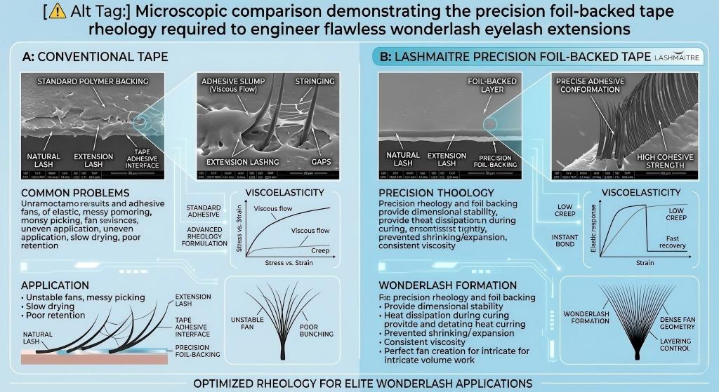 Microscopic comparison diagram demonstrating the precision foil-backed tape rheology engineered by LASHMAITRE to achieve flawless wonderlash eyelash extensions.