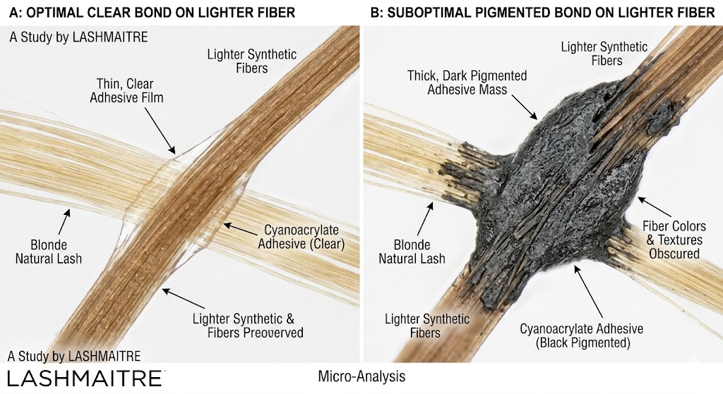 Microscopic analysis demonstrating the necessity of clear cyanoacrylate adhesive for distributors selling lighter synthetic fibers