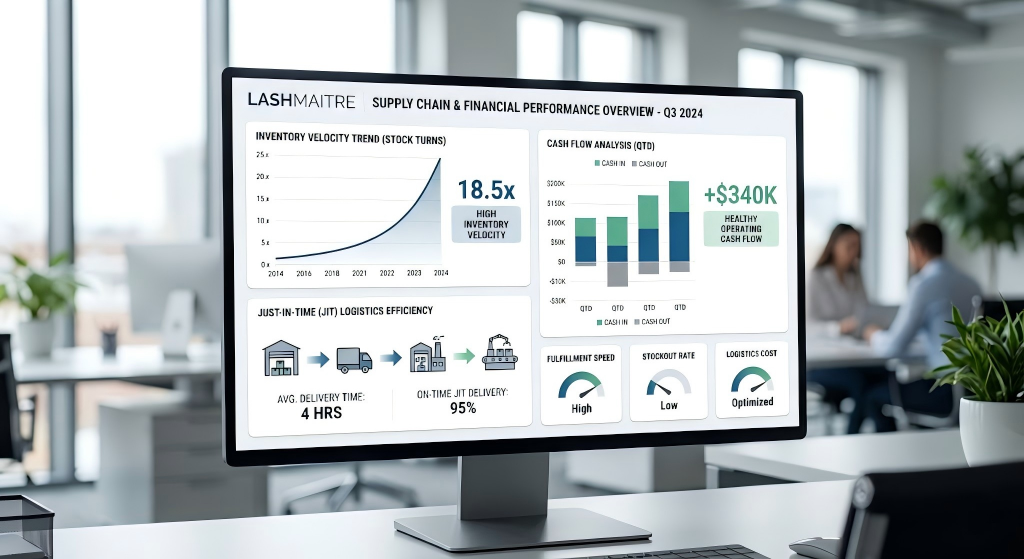 Minimalist professional B2B financial dashboard demonstrating high inventory velocity and healthy cash flow driven by JIT logistics for LASHMAITRE franchise operations.