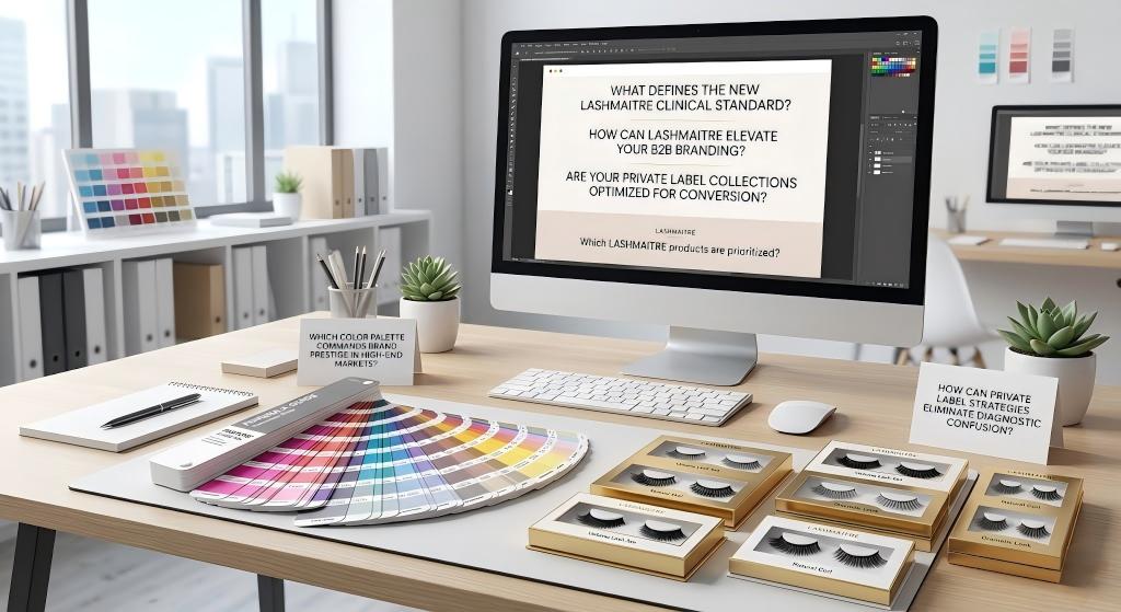 A minimalist designer's workspace featuring Pantone color swatches and sleek LASHMAITRE OEM private label lash tray mockups, illustrating the creative process of elevating B2B clinical branding for high-end aesthetic markets.