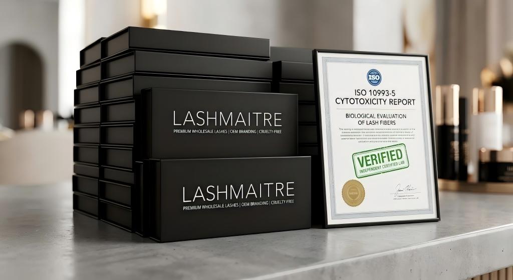 A highly styled, macro-focus shot of custom wholesale lash boxes featuring minimalist, matte-black OEM branding stacked perfectly alongside a verified ISO 10993-5 cytotoxicity report, visually cementing the clinical authority of the salon's proprietary collection.