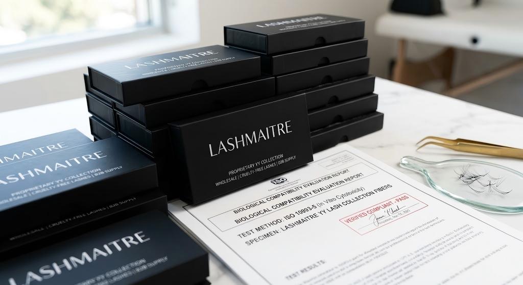 Stacks of minimalist matte-black LASHMAITRE OEM lash boxes alongside a verified ISO 10993-5 cytotoxicity report and application tools, emphasizing clinical safety and authority.