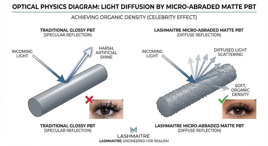 An optical physics diagram by LASHMAITRE. On the left, 'Traditional Glossy PBT' shows incoming light creating 'Harsh, Artificial Shine' via specular reflection. An 'X' marks a shiny eye. On the right, 'LASHMAITRE Micro-Abraded Matte PBT' shows incoming light creating 'Soft, Organic Density' via diffuse reflection. A checkmark marks a lush, natural eye. The LASHMAITRE logo is in the bottom center.