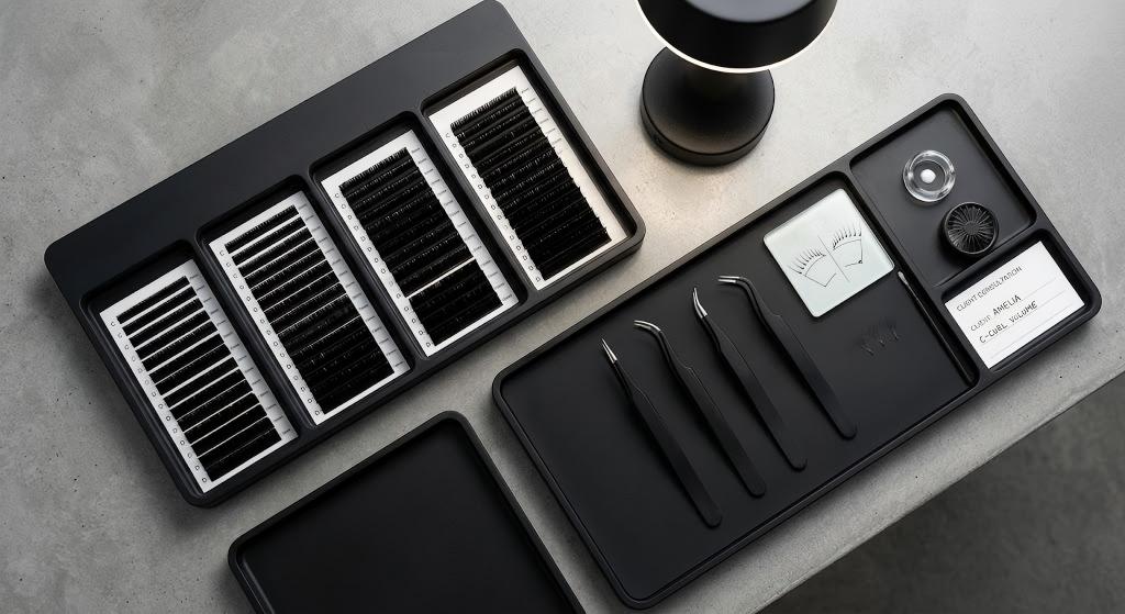 Highly efficient salon workstation top-down view displaying premium matte-black trays and precision tweezers, highlighting elite service configurations