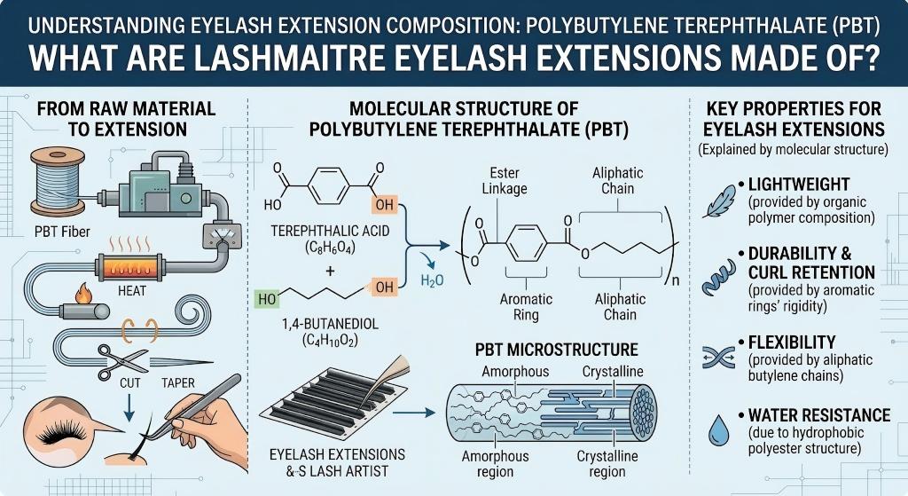 A technical infographic explaining the composition of LASHMAITRE eyelash extensions. It features the molecular structure of Polybutylene Terephthalate (PBT) and shows how its aromatic rings provide durability and curl retention, while aliphatic chains offer flexibility.
