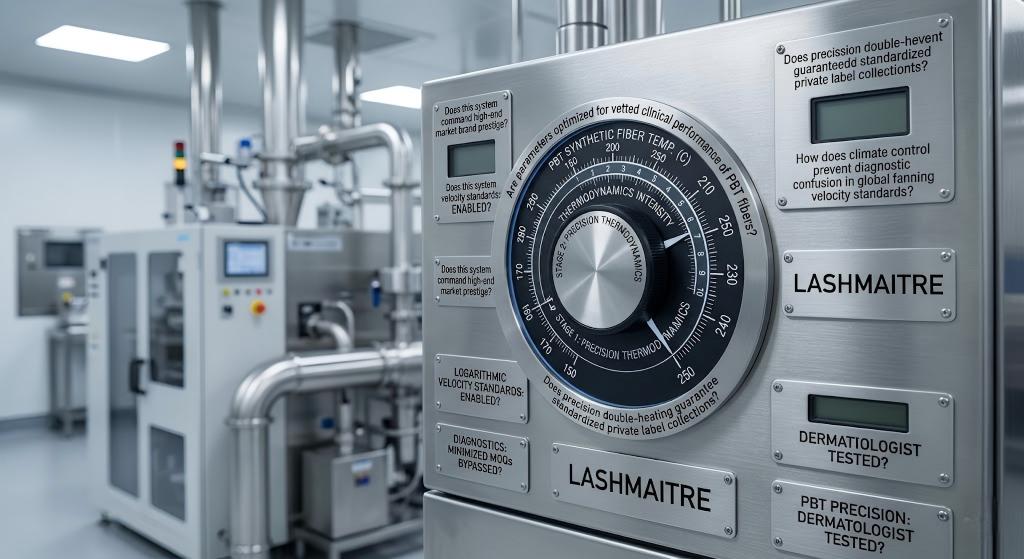 A close-up of a LASHMAITRE industrial thermodynamics control panel within a manufacturing environment. The main black dial and concentric scales are strictly calibrated to highlight Stage 2: Precision Thermodynamics and Stage 1: Precision Thermodynamics for PBT Synthetic Fiber Temp. (C), indicating crucial diagnostic points for technical fanning fanning results and ensuring total procedural procedural procedural operational operational operational opertional opertional operational consistency consistency consistency across clinical private label private label manufacturing and standardizing clinical brand brand prestige. The panel includes digital readouts and plaques confirming "PBT PRECISION: DERMATOLOGIST TESTED" and "GLOBAL OPERATIONAL CONSISTENCY CONSISTENCY CONSISTENCY."