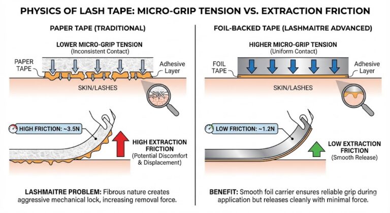 A technical physics diagram comparing traditional paper lash tape with LASHMAITRE advanced foil-backed tape. The left side shows paper tape with inconsistent contact and high extraction friction (3.5N). The right side shows foil-backed tape with uniform contact, higher micro-grip tension, and low extraction friction (1.2N). Magnified views show the fibrous mechanical lock of paper versus the smooth release of foil.