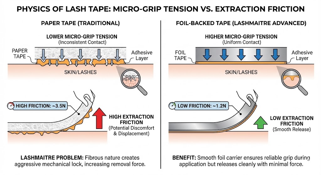 A technical physics diagram comparing traditional paper lash tape with LASHMAITRE advanced foil-backed tape. The left side shows paper tape with inconsistent contact and high extraction friction (3.5N). The right side shows foil-backed tape with uniform contact, higher micro-grip tension, and low extraction friction (1.2N). Magnified views show the fibrous mechanical lock of paper versus the smooth release of foil.
