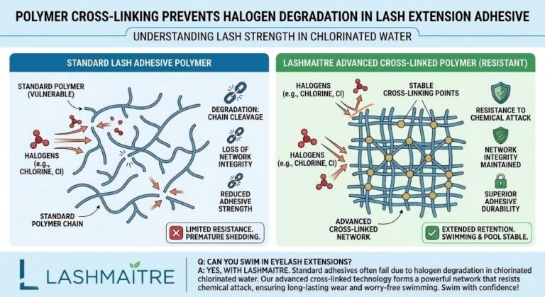 A scientific diagram comparing standard lash adhesive polymer (vulnerable to halogen chain cleavage from chlorine) with LASHMAITRE advanced cross-linked polymer (resistant to chemical attack, pool stable, extended retention). Microscopic and molecular illustrations show the network integrity.