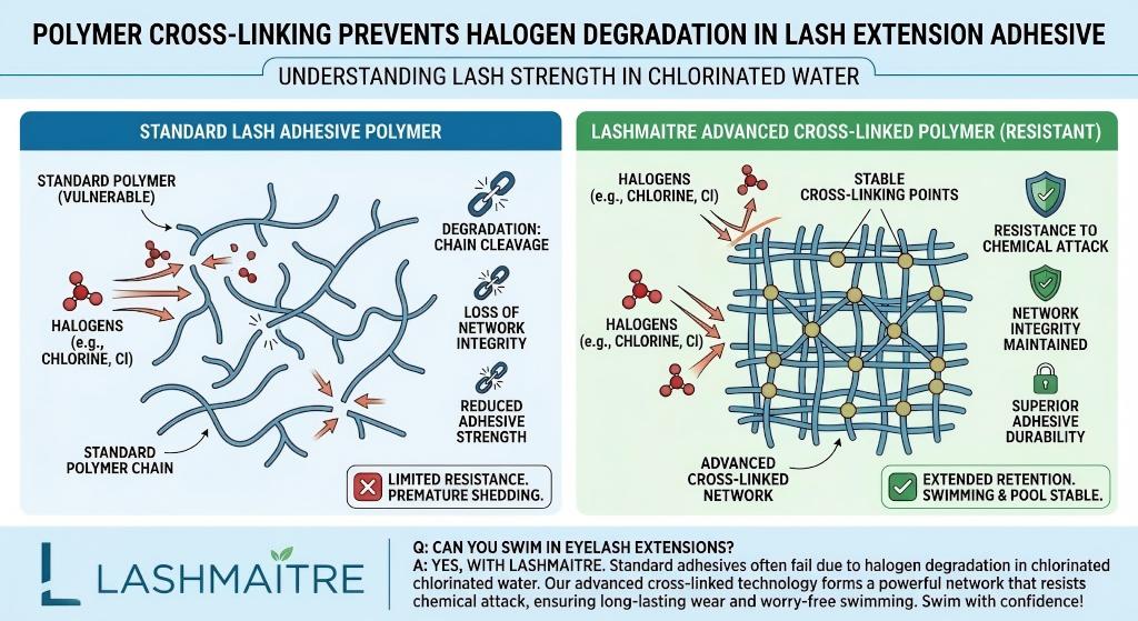 A scientific diagram comparing standard lash adhesive polymer (vulnerable to halogen chain cleavage from chlorine) with LASHMAITRE advanced cross-linked polymer (resistant to chemical attack, pool stable, extended retention). Microscopic and molecular illustrations show the network integrity.
