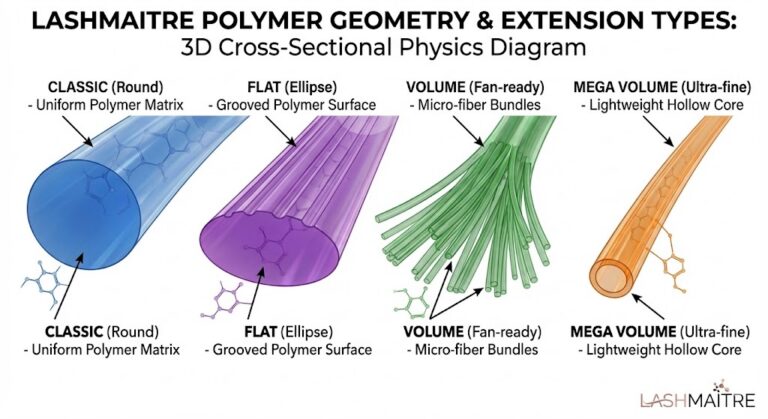 A scientific 3D cross-sectional diagram comparing four types of eyelash extension fibers. The top banner reads: 'LASHMAITRE POLYMER GEOMETRY & EXTENSION TYPES: 3D Cross-Sectional Physics Diagram'. Below, four colored, semi-transparent polymer structures are shown. From left to right: 'CLASSIC (Round)' is blue and solid; 'FLAT (Ellipse)' is purple and oval; 'VOLUME (Fan-ready)' is green and multi-fibered; and 'MEGA VOLUME (Ultra-fine)' is orange with a hollow core. Detailed internal geometric patterns are visible within each fiber, indicating their micro-structure. The LASHMAITRE logo is in the bottom right corner. eyelash extension names