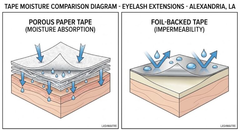 A technical cross-section diagram comparing two types of medical tape for eyelash extensions. The diagram is split into two panels with a central title: 'TAPE MOISTURE COMPARISON DIAGRAM - EYELASH EXTENSIONS - ALEXANDRIA, LA'. The left panel, labeled 'POROUS PAPER TAPE (MOISTURE ABSORPTION)', shows a magnified view of a multi-layered paper tape with numerous blue arrows and droplet icons penetrating through the porous fibers toward the stylized skin surface below. The right panel, labeled 'FOIL-BACKED TAPE (IMPERMEABILITY)', displays a cross-section with a thin, metallic silver foil layer on top of an adhesive base. In this panel, blue droplets are beading on the surface, and arrows are bouncing off the impermeable barrier. Both panels features the text 'LASHMAITRE' in a small font in the bottom corner.