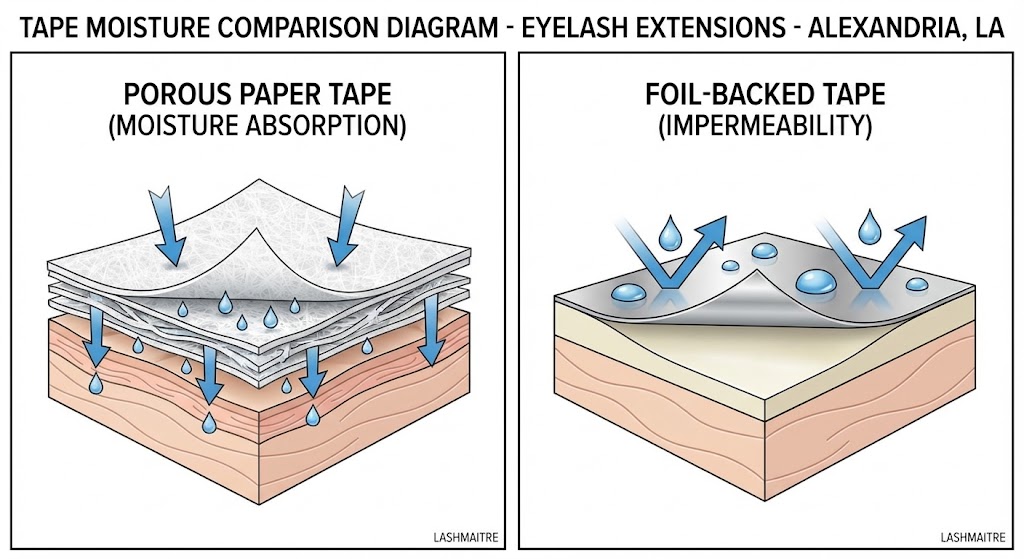 A technical cross-section diagram comparing two types of medical tape for eyelash extensions. The diagram is split into two panels with a central title: 'TAPE MOISTURE COMPARISON DIAGRAM - EYELASH EXTENSIONS - ALEXANDRIA, LA'. The left panel, labeled 'POROUS PAPER TAPE (MOISTURE ABSORPTION)', shows a magnified view of a multi-layered paper tape with numerous blue arrows and droplet icons penetrating through the porous fibers toward the stylized skin surface below. The right panel, labeled 'FOIL-BACKED TAPE (IMPERMEABILITY)', displays a cross-section with a thin, metallic silver foil layer on top of an adhesive base. In this panel, blue droplets are beading on the surface, and arrows are bouncing off the impermeable barrier. Both panels features the text 'LASHMAITRE' in a small font in the bottom corner.