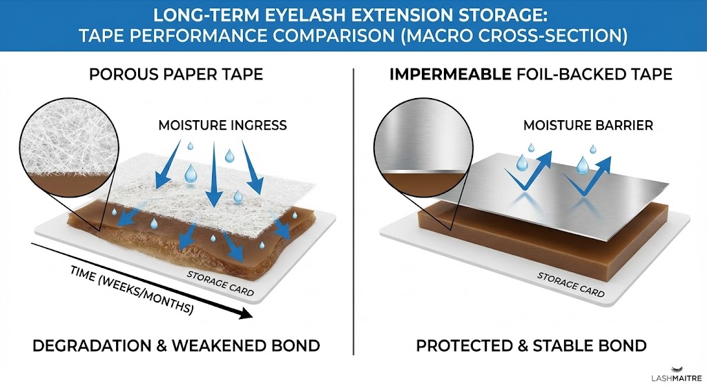 A macro cross-section diagram comparing two types of eyelash extension storage tapes over time. The left side shows 'POROUS PAPER TAPE' with blue arrows illustrating moisture ingress penetrating the fibers and degrading the adhesive bond on a storage card. The right side shows 'IMPERMEABLE FOIL-BACKED TAPE' where a solid moisture barrier causes water droplets to bounce off, maintaining a protected and stable bond on the LASHMAITRE storage card.