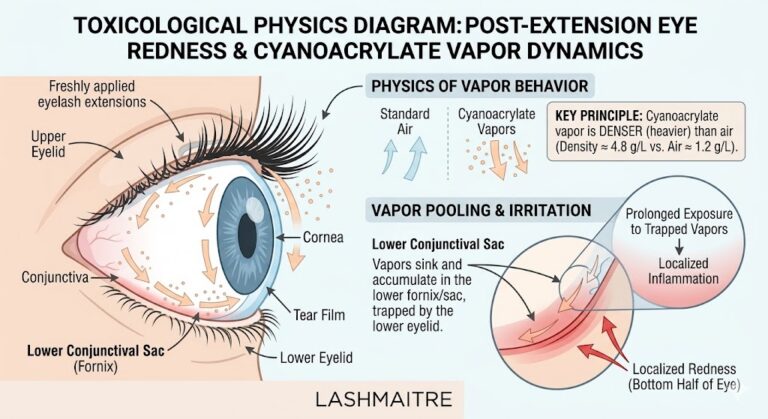 A detailed toxicological physics diagram explaining that cyanoacrylate vapors from lash adhesive are denser (heavier) than air (Density ≈ 4.8 g/L vs Air ≈ 1.2 g/L). The diagram shows these heavy vapors sinking and pooling in the lower conjunctival sac (fornix), trapped by the lower eyelid. This prolonged exposure results in localized inflammation and redness specifically on the bottom half of the eye. Anatomy labeled includes conjunctiva, lower eyelid, fornix, cornea, and tear film.bottom half of eye red after eyelash extensions