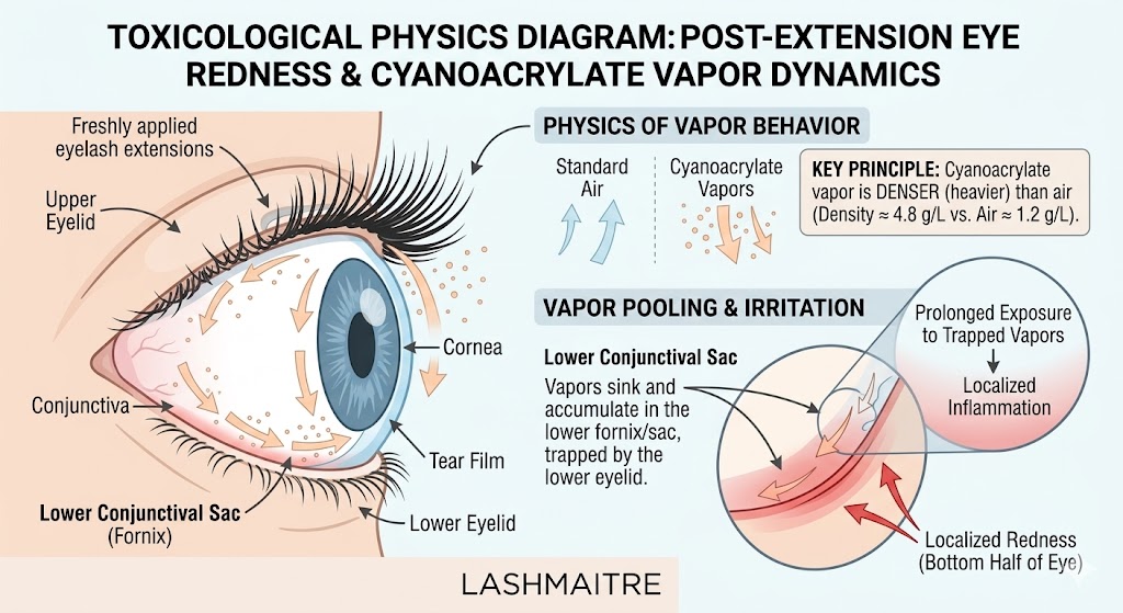 A detailed toxicological physics diagram explaining that cyanoacrylate vapors from lash adhesive are denser (heavier) than air (Density ≈ 4.8 g/L vs Air ≈ 1.2 g/L). The diagram shows these heavy vapors sinking and pooling in the lower conjunctival sac (fornix), trapped by the lower eyelid. This prolonged exposure results in localized inflammation and redness specifically on the bottom half of the eye. Anatomy labeled includes conjunctiva, lower eyelid, fornix, cornea, and tear film.bottom half of eye red after eyelash extensions