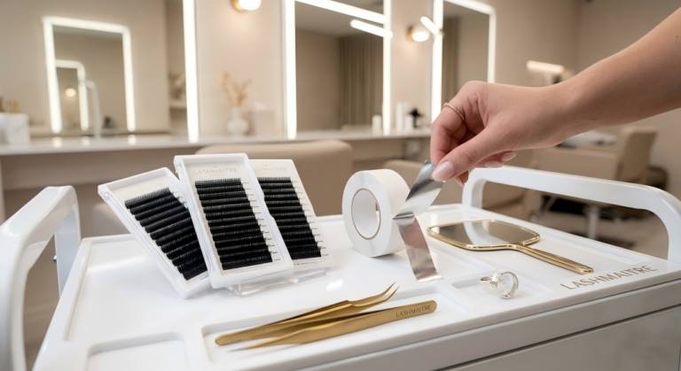 Sleek salon workstation highlighting premium LASHMAITRE individual lash trays and foil-backed tape engineered for rapid, high-turnover aesthetic services.