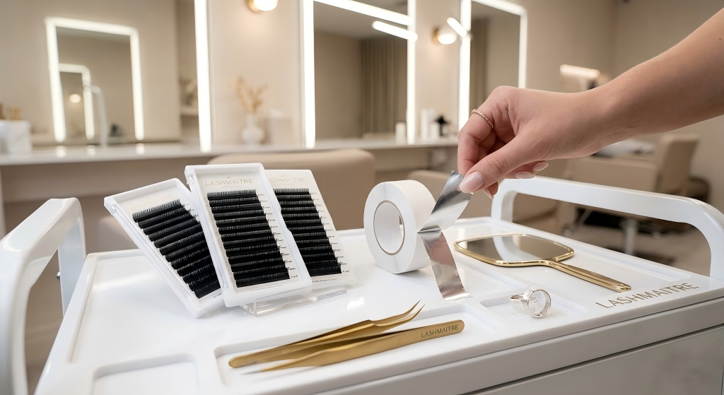 Sleek salon workstation highlighting premium LASHMAITRE individual lash trays and foil-backed tape engineered for rapid, high-turnover aesthetic services.