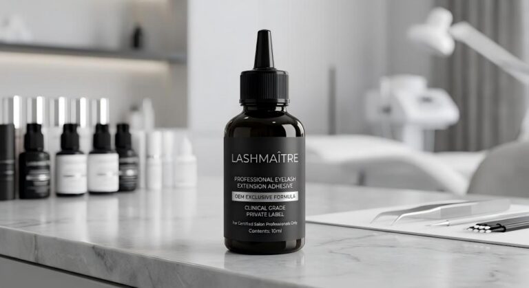 Premium LASHMAITRE OEM private label adhesive bottle on a marble salon counter, showcasing clinical authority for professional lash franchises.