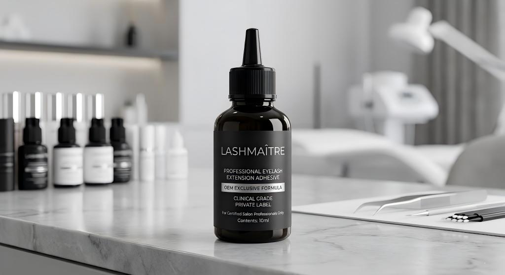 Premium LASHMAITRE OEM private label adhesive bottle on a marble salon counter, showcasing clinical authority for professional lash franchises.